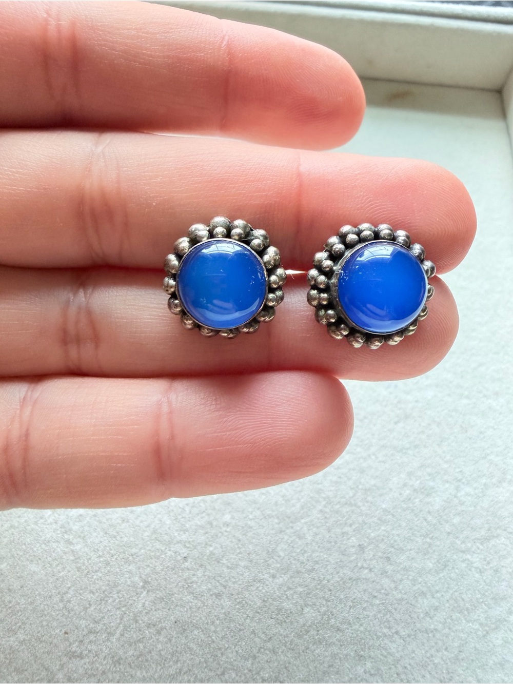 Blue Cabochon Bead Halo Stud Earrings Sterling Silver